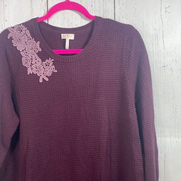 Logo by Lori Goldstein Waffle Knit Sweater Tunic Purple Lace Chiffon Hem Cottage - Picture 3 of 11